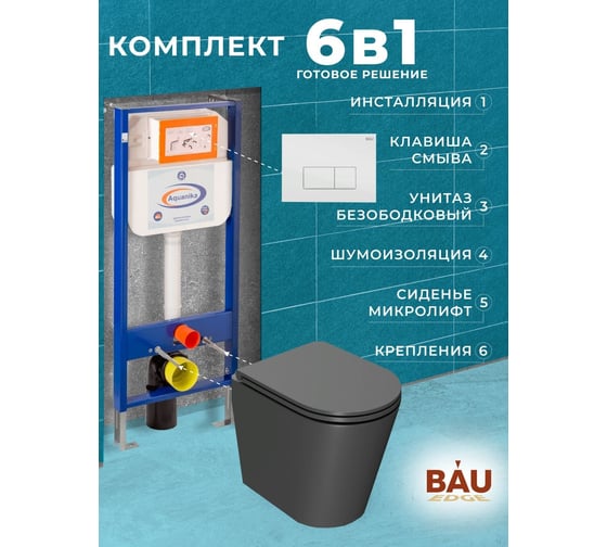 Комплект 6 в 1 Bauedge BAU инсталляция BAU Aquanika, унитаз безободковый Bau Nimb темно-серый, сиденье дюропласт микролифт, прямоугольная белая клавиша 10.702.450.00.00-Q00006-BK0002DG