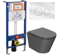 Комплект 6 в 1 Bauedge BAU инсталляция BAU Aquanika, унитаз безободковый Bau Nimb темно-серый, сиденье дюропласт микролифт, круглая стеклянная белая клавиша 10.702.450.00.00-Q00010-BK0002DG