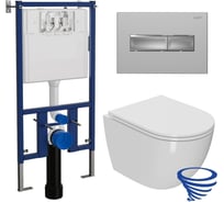 Комплект Bauedge 6 в 1: инсталляция Loranto с прямоугольной хром матовой клавишей, унитаз безободковый торнадо обратного потока Bau Dream Hurricane-2, сиденье дюропласт микролифт 4501-7321-BL0001-HQ2