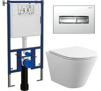 Комплект Bauedge BAU 6 в 1: инсталляция Loranto с прямоугольной хромированной клавишей, унитаз безободковый Bau Nimb, сиденье микролифт, шумоизоляция 4501-7322-BK0001