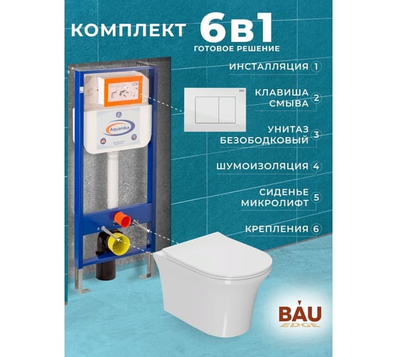 Комплект 6 в 1 Bauedge BAU инсталляция BAU Aquanika, унитаз безободковый Bau Spectrum PRO, сиденье микролифт, прямоугольная белая клавиша 10.702.450.00.00-Q00001-NP0001-PRO