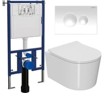 Комплект Bauedge 6 в 1: инсталляция Loranto с белой клавишей, унитаз безободковый Bau Hotel PRO сиденье быстросъемное микролифт, крепления 4501-7310-NM0003-PRO