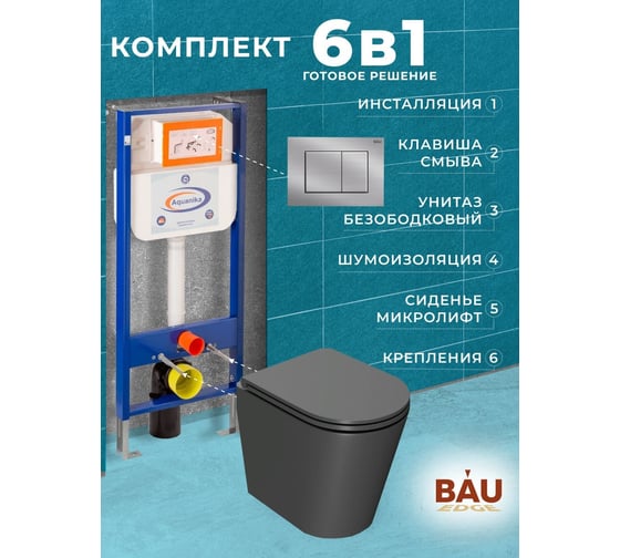 Комплект 6 в 1 Bauedge BAU инсталляция BAU Aquanika, унитаз безободковый Bau Nimb темно-серый, сиденье дюропласт микролифт, прямоугольная антавандальная клавиша из нержавеющей стали 10.702.450.00.00-Q00009-BK0002DG
