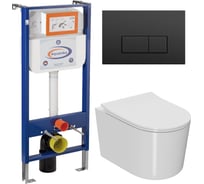 Комплект 6 в 1 Bauedge BAU инсталляция BAU Aquanika, унитаз безободковый Bau Hotel PRO, сиденье микролифт, прямоугольная черная матовая клавиша 10.702.450.00.00-01.02.01-NM0003-PRO