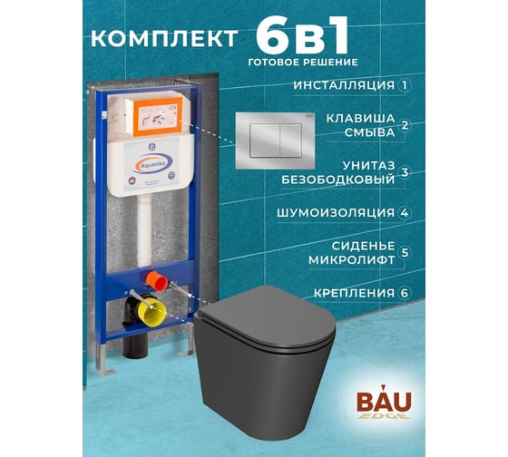 Комплект 6 в 1 Bauedge BAU инсталляция BAU Aquanika, унитаз безободковый Bau Nimb темно-серый, сиденье дюропласт микролифт, прямоугольная хромированная клавиша 10.702.450.00.00-Q00002-BK0002DG