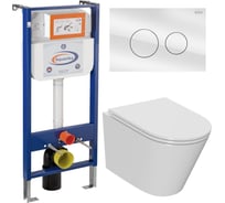 Комплект 6 в 1 Bauedge BAU инсталляция BAU Aquanika, унитаз безободковый торнадо обратного потока Bau Nimb Hurricane-3, сиденье дюропласт микролифт, круглая стеклянная белая клавиша 10.702.450.00.00-Q00010-BK0001-HQ3