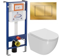 Комплект 6 в 1 Bauedge BAU инсталляция BAU Aquanika, унитаз безободковый торнадо обратного потока Bau Dream Hurricane-3, сиденье дюропласт микролифт, прямоугольная золотая клавиша 10.702.450.00.00-Q00013-BL0001-HQ3