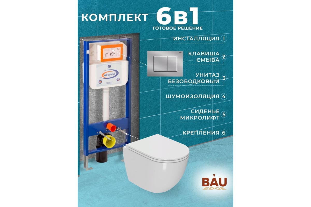 Комплект 6 в 1 Bauedge BAU инсталляция BAU Aquanika, унитаз безободковый  торнадо обратного потока Bau Dream Hurricane-2, сиденье дюропласт  микролифт, прямоугольная антавандальная клавиша из нержавеющей стали  10.702.450.00.00-Q00009-BL0001-HQ2 ...