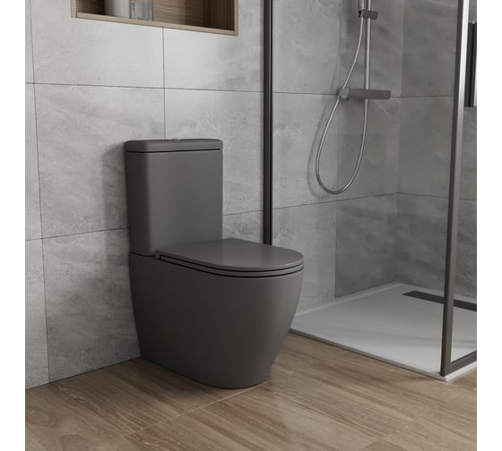 Напольный безободковый унитаз Bauedge Bau Dream Hurricane-2, торнадо обратного потока, усиленное быстросъемное сиденье дюропласт микролифт, темно-серый матовый BK0005-HQ2-DG