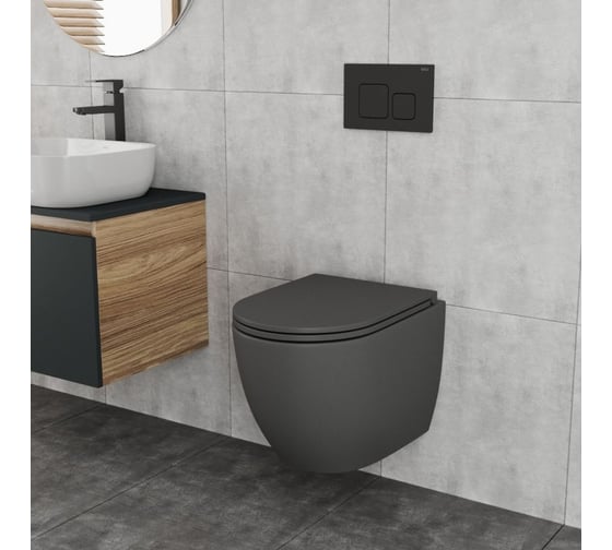 Подвесной безободковый унитаз Bauedge Bau Dream 52x36 Hurricane-2, торнадо обратного потока, сиденье дюропласт микролиф, темно-серый матовый BL0001-HQ2-DG