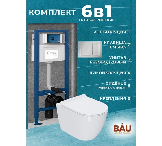 Комплект Bauedge Bau 6 в 1: инсталляция Delice с клавишей Nimb, унитаз безободковый Bau Dream PRO, сиденье дюропласт микролифт NL0001-PRO-DLR_000002