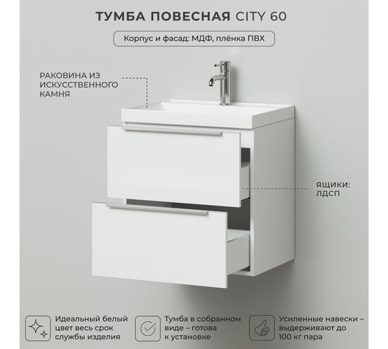 Тумба с раковиной ИТАНА подвесная city 60 600x447x645 белый глянец 4657792959601
