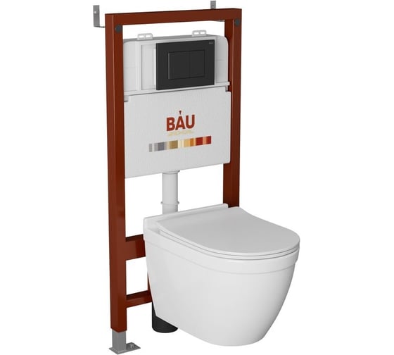 Комплект Bauedge BAU 6 в 1: инсталляция BAU PRO, унитаз подвесной безободковый Bau Mif PRO, сиденье быстросъемное микролифт, клавиша BAU Stil, черный матовый Q111300-NT0002-PRO-Q00003