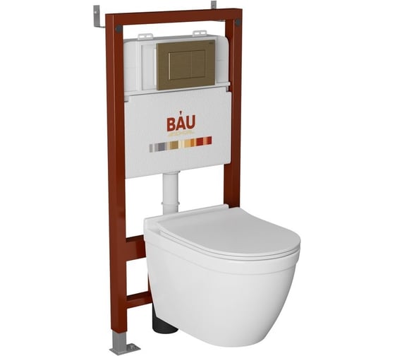 Комплект Bauedge BAU 6 в 1: инсталляция BAU PRO, унитаз подвесной безободковый Bau Mif PRO, сиденье быстросъемное микролифт, клавиша BAU Stil, бронза Q111300-NT0002-PRO-Q00012 1