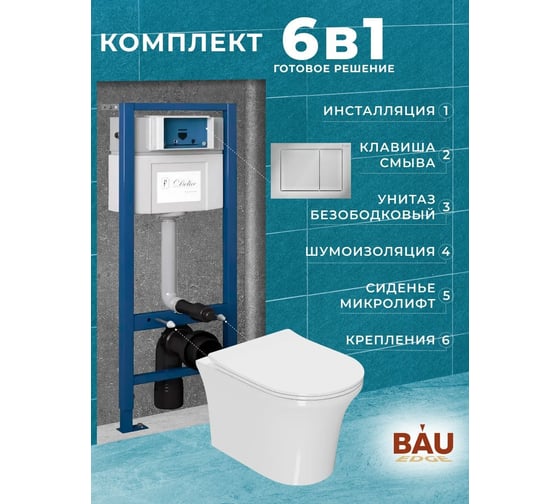 Комплект Bauedge Bau 6 в 1: инсталляция Delice с клавишей Nimb, унитаз безободковый Bau Spectrum PRO, сиденье быстросъемное микролифт NP0001-PRO-DLR_000002
