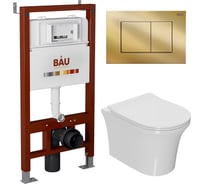 Комплект Bauedge BAU 6 в 1: инсталляция BAU PRO, унитаз подвесной безободковый Bau Spectrum PRO, сиденье быстросъемное микролифт, клавиша BAU Stil, золото Q111300-NP0001-PRO-Q00013