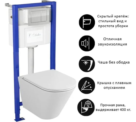 Комплект Bauedge BAU 6 в 1: инсталляция Delice с клавишей Nimb, унитаз безободковый BAU Nimb, сиденье быстросъемное дюропласт микролифт, шумоизоляция BK0001-DLR_000002