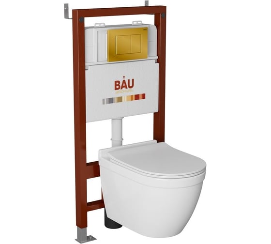 Комплект Bauedge BAU 6 в 1: инсталляция BAU PRO, унитаз подвесной безободковый Bau Mif PRO, сиденье быстросъемное микролифт, клавиша BAU Stil, золото Q111300-NT0002-PRO-Q00013