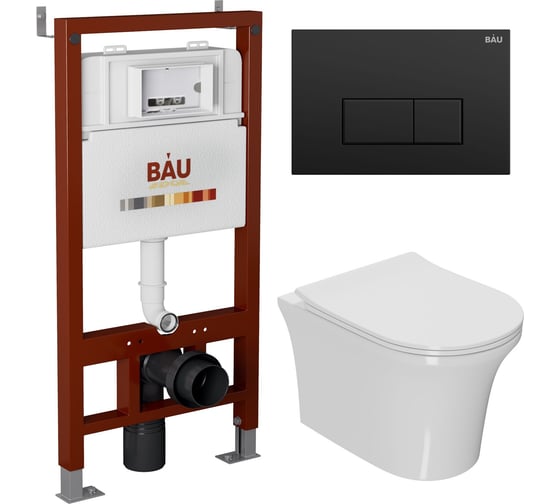 Комплект Bauedge BAU 6 в 1: инсталляция BAU PRO, унитаз подвесной безободковый Bau Spectrum PRO, сиденье быстросъемное микролифт, клавиша BAU Hotel, черный матовый Q111300-NP0001-PRO-Q00008 1