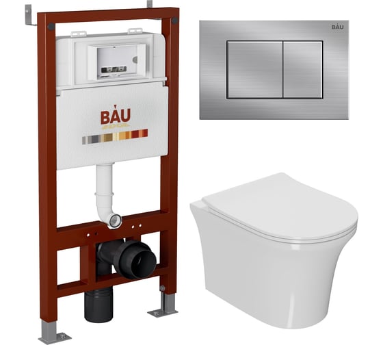 Комплект Bauedge BAU 6 в 1: инсталляция BAU PRO, унитаз подвесной безободковый Bau Spectrum PRO, сиденье быстросъемное микролифт, клавиша BAU Stil антивандальная, нержавеющая сталь Q111300-NP0001-PRO-Q00009