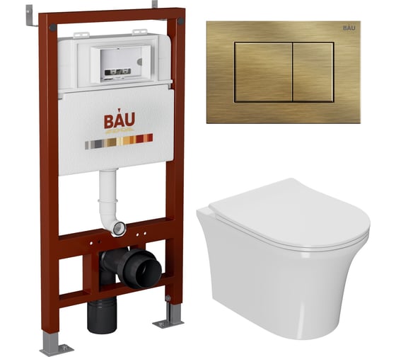 Комплект Bauedge BAU 6 в 1: инсталляция BAU PRO, унитаз подвесной безободковый Bau Spectrum PRO, сиденье быстросъемное микролифт, клавиша BAU Stil, бронза Q111300-NP0001-PRO-Q00012 1