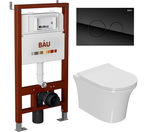 Комплект Bauedge BAU 6 в 1: инсталляция BAU PRO, унитаз подвесной безободковый Bau Spectrum PRO, сиденье быстросъемное микролифт, клавиша из стекла BAU Dream, черная Q111300-NP0001-PRO-Q00011 1