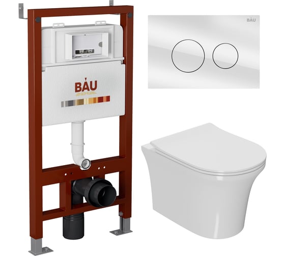 Комплект Bauedge BAU 6 в 1: инсталляция BAU PRO, унитаз подвесной безободковый Bau Spectrum PRO, сиденье быстросъемное микролифт, клавиша из стекла BAU Dream, белая Q111300-NP0001-PRO-Q00010