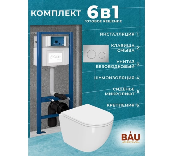 Комплект Bauedge BAU 6 в 1: инсталляция Delice с клавишей, унитаз безободковый BAU Dream, сиденье быстросъемное микролифт, шумоизоляция BL0001-DLR_000003
