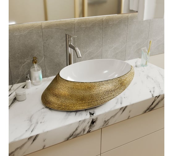 Овальная накладная раковина Bauedge BAU Nimb Gold 52x38, на столешницу, санфарфор, белая/брашированое золото SN1005G