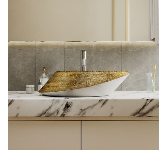 Овальная накладная раковина Bauedge BAU Nimb Gold 52x38, на столешницу, санфарфор, белая/брашированое золото SN1005G