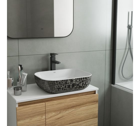 Прямоугольная накладная раковина Bauedge BAU Stil 50x40, белая/черная с орнаментом NQ0002