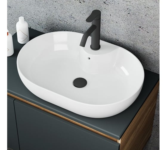 Овальная накладная раковина Bauedge BAU Nimb 60x42, с отверстием под смеситель, белая NS0005