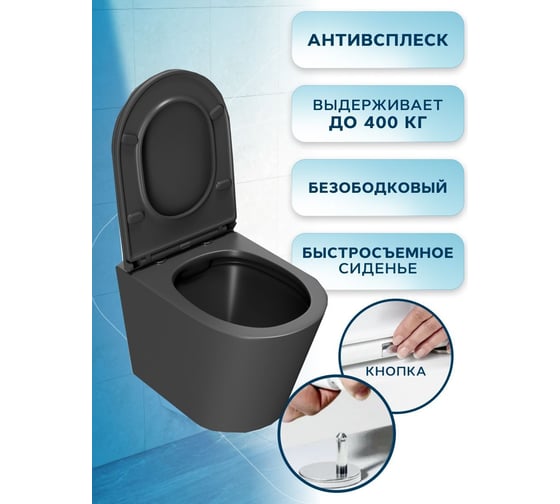 Подвесной безободковый унитаз Bauedge Bau Nimb, быстросъемное тонкое сиденье дюропласт микролифт, темно-серый матовый BK0002DG