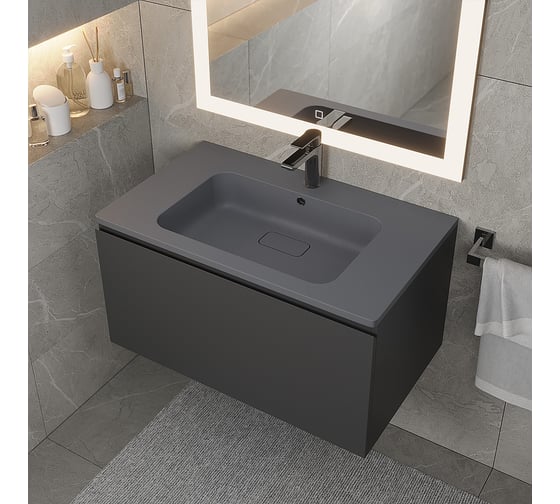 Раковина кварцевая для ванной Uperwood Lagoon Quartz_80 см, прямоугольная, серая матовая, серый шелк 297000018