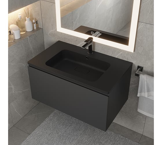Раковина кварцевая для ванной Uperwood Lagoon Quartz_80 см, прямоугольная, черная матовая, уголь 297000016
