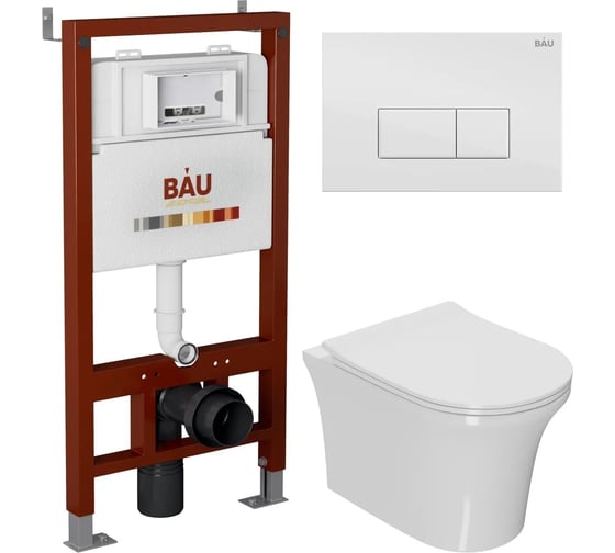 Инсталляция Bauedge BAU PRO для подвесного унитаза, клавиша смыва BAU Hotel для инсталляциии, белый глянец Q111300-Q00006