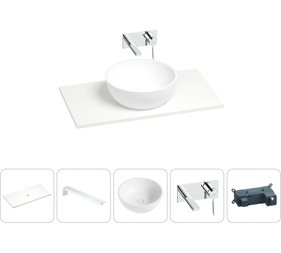 Раковина-столешница Wellsee La.lune в наборе 5 в 1: каменная раковина со столешницей 80 см в матовом белом цвете, кронштейны для подвесного монтажа, смеситель (хром) 202004090 1