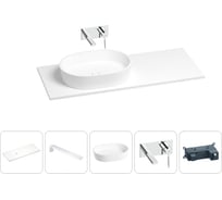 Раковина-столешница с чашей слева Wellsee Le.premier в наборе 5 в 1: раковина из камня со столешницей 110 см, кронштейны для подвесного монтажа, смеситель (хром) 202003900