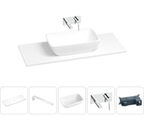 Раковина-столешница Wellsee La.chance в наборе 5 в 1: каменная раковина со столешницей 120 см в матовом белом цвете, кронштейны для подвесного монтажа, смеситель (хром) 202004055