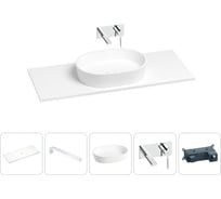 Раковина-столешница Wellsee Le.premier в наборе 5 в 1: каменная раковина со столешницей 120 см в матовом белом цвете, кронштейны для подвесного монтажа, смеситель (хром) 202003910