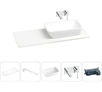 Раковина-столешница с чашей справа Wellsee La.chance в наборе 5 в 1: раковина из камня со столешницей 110 см, кронштейны для подвесного монтажа, смеситель (хром) 202004050