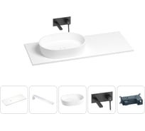 Раковина-столешница с чашей слева Wellsee Le.premier в наборе 5 в 1: раковина из камня со столешницей 110 см, кронштейны для подвесного монтажа, смеситель (матовый черный) 202003901