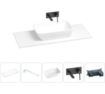 Раковина-столешница Wellsee La.chance в наборе 5 в 1: каменная раковина со столешницей 120 см в матовом белом цвете, кронштейны для подвесного монтажа, смеситель (матовый черный) 202004056