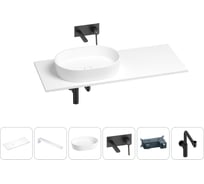 Раковина-столешница с чашей слева Wellsee Le.premier в наборе 6 в 1: раковина, столешница 130 см, кронштейны, смеситель, сифон (цвет набора матовый черный) 202004311