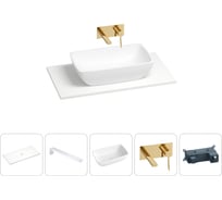 Раковина-столешница Wellsee La.chance в наборе 5 в 1: каменная раковина со столешницей 80 см в матовом белом цвете, кронштейны для подвесного монтажа, смеситель (золото) 202004022