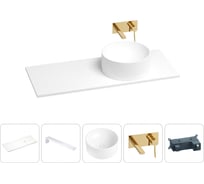 Раковина-столешница с чашей справа Wellsee Le.charme в наборе 5 в 1: раковина из камня со столешницей 100 см, кронштейны для подвесного монтажа, смеситель (золото) 202004197