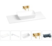 Раковина-столешница Wellsee La.chance в наборе 5 в 1: каменная раковина со столешницей 120 см в матовом белом цвете, кронштейны для подвесного монтажа, смеситель (золото) 202004057