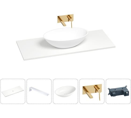Раковина-столешница Wellsee Le.huit.mars в наборе 5 в 1: каменная раковина со столешницей 120 см в матовом белом цвете, кронштейны для подвесного монтажа, смеситель (золото) 202003987 1