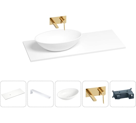 Раковина-столешница с чашей слева Wellsee Le.huit.mars в наборе 5 в 1: раковина из камня со столешницей 120 см, кронштейны для подвесного монтажа, смеситель (золото) 202003992 1