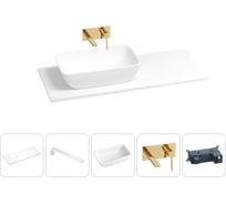 Раковина-столешница с чашей слева Wellsee La.chance в наборе 5 в 1: раковина из камня со столешницей 130 см, кронштейны для подвесного монтажа, смеситель (золото) 202004072